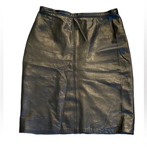 Vintage black leather midi length pencil skirt with slit  16